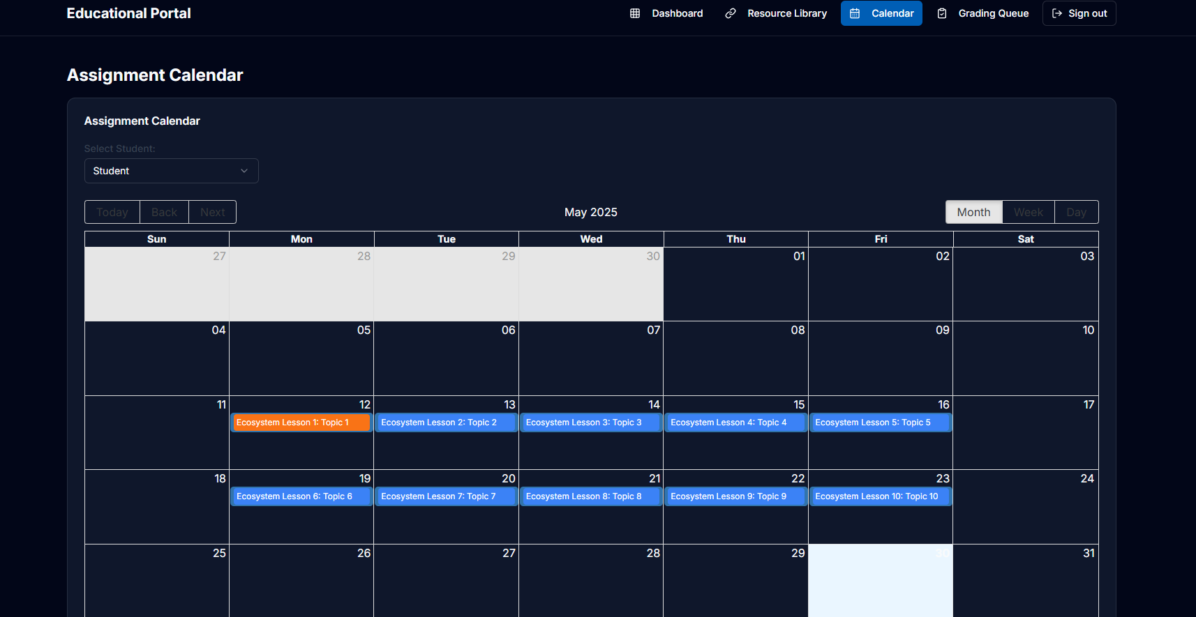 Per Student Calendar View